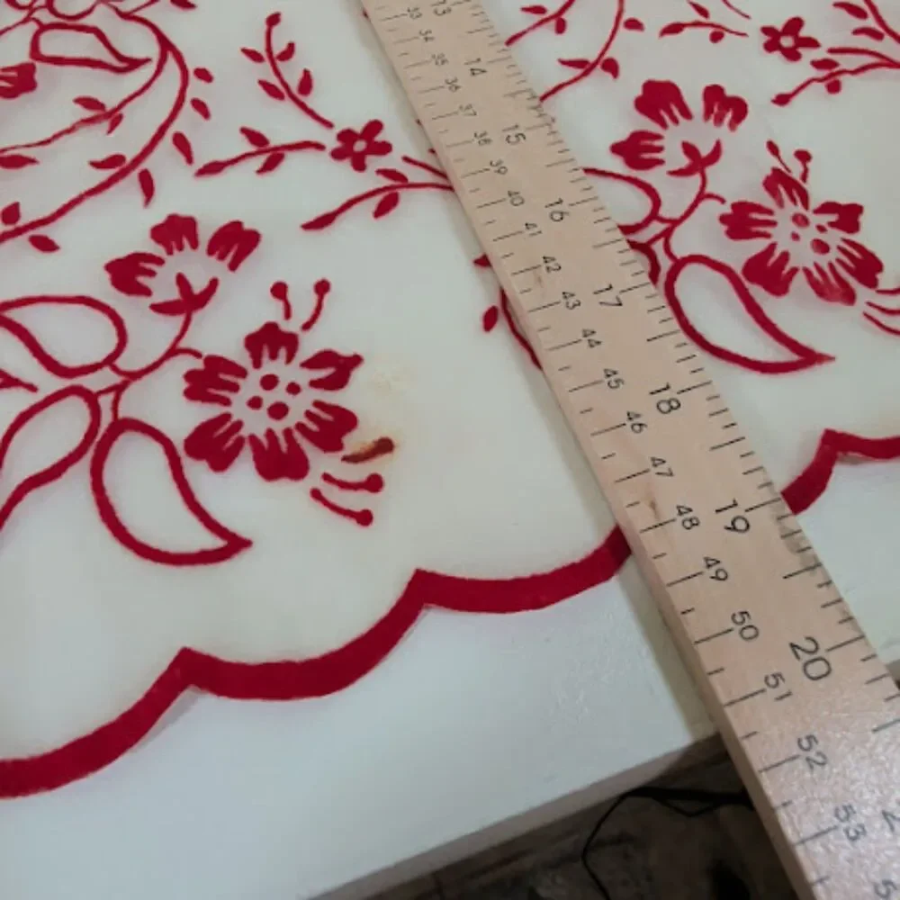 Vintage 1950s Sheer Hostess Apron – Red Floral Embroidery & Scalloped Edge